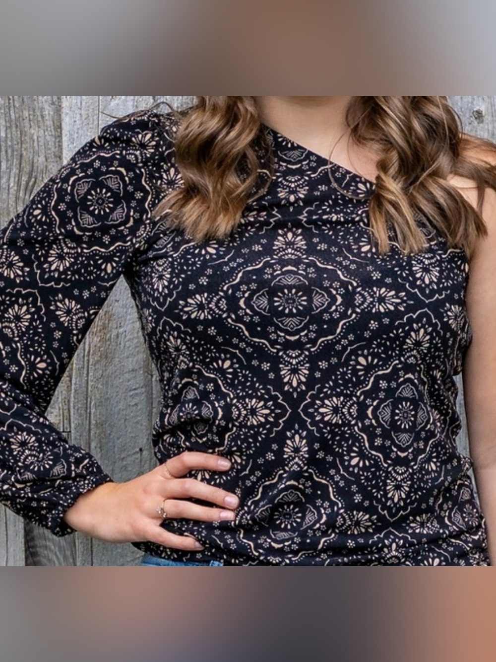 Maurices Black Long-Sleeve One-Shoulder Top with Cream Medallion Print